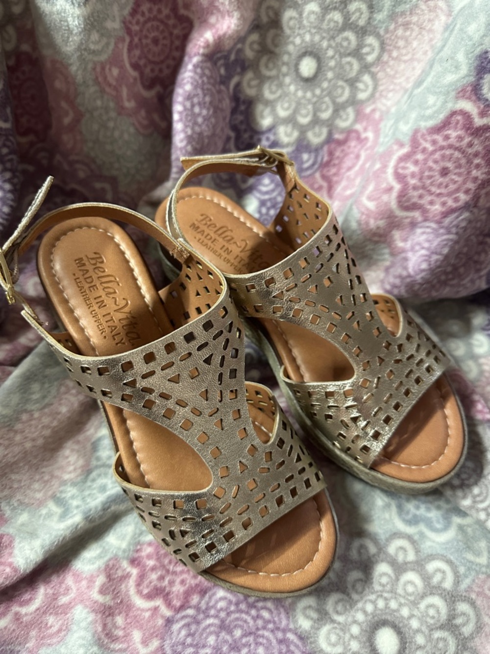 Bella Vita Metallic Gold Cutout Wedge Sandals